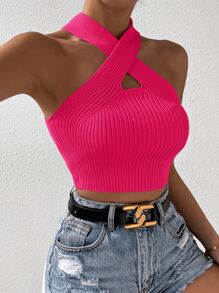 SHEIN Allurite Crisscross Halter Knit Top - Hot Pink - View 6
