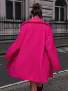 SHEIN Essnce Dual Pocket Lapel Neck Teddy Coat - Hot Pink - View 2