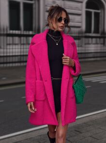 SHEIN Essnce Dual Pocket Lapel Neck Teddy Coat - Hot Pink - View 4