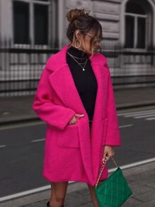 SHEIN Essnce Dual Pocket Lapel Neck Teddy Coat - Hot Pink - View 6