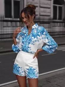SHEIN Clasi Floral Print Drop Shoulder Shirt & Shorts