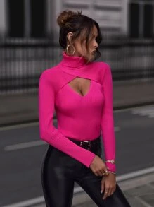 SHEIN Clasi High Neck Cut Out Front Jumper - Hot Pink - View 3