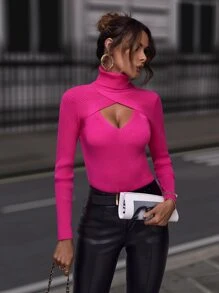 SHEIN Clasi High Neck Cut Out Front Jumper - Hot Pink - View 5