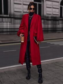 Shawl Collar Lantern Sleeve Pea Coat - Red - View 1