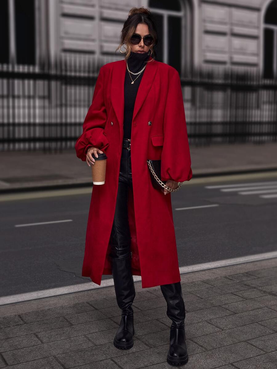 Shawl Collar Lantern Sleeve Pea Coat - Red - View 1