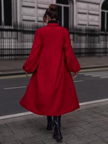 Shawl Collar Lantern Sleeve Pea Coat - Red - View 2