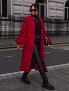 Shawl Collar Lantern Sleeve Pea Coat - Red - View 3