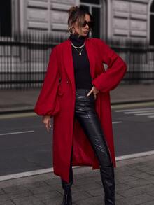 Shawl Collar Lantern Sleeve Pea Coat - Red - View 4
