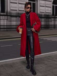 Shawl Collar Lantern Sleeve Pea Coat - Red - View 5