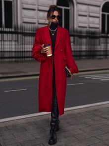 Shawl Collar Lantern Sleeve Pea Coat - Red - View 6