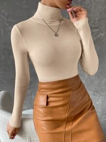 SHEIN Essnce 秋冬高领罗纹针织毛衣、长袖上衣 - 卡其色 - 查看 1