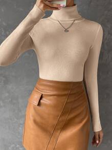 SHEIN Essnce 秋冬高领罗纹针织毛衣、长袖上衣 - 卡其色 - 查看 3