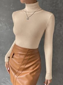 SHEIN Essnce 秋冬高领罗纹针织毛衣、长袖上衣 - 卡其色 - 查看 4