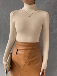 SHEIN Essnce 秋冬高领罗纹针织毛衣、长袖上衣 - 卡其色 - 查看 6