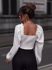 SHEIN Privé Sweetheart Neck Frill Trim Crop Blouse - White - View 2