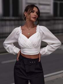 SHEIN Privé Sweetheart Neck Frill Trim Crop Blouse - White - View 3