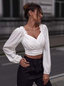 SHEIN Privé Sweetheart Neck Frill Trim Crop Blouse - White - View 5