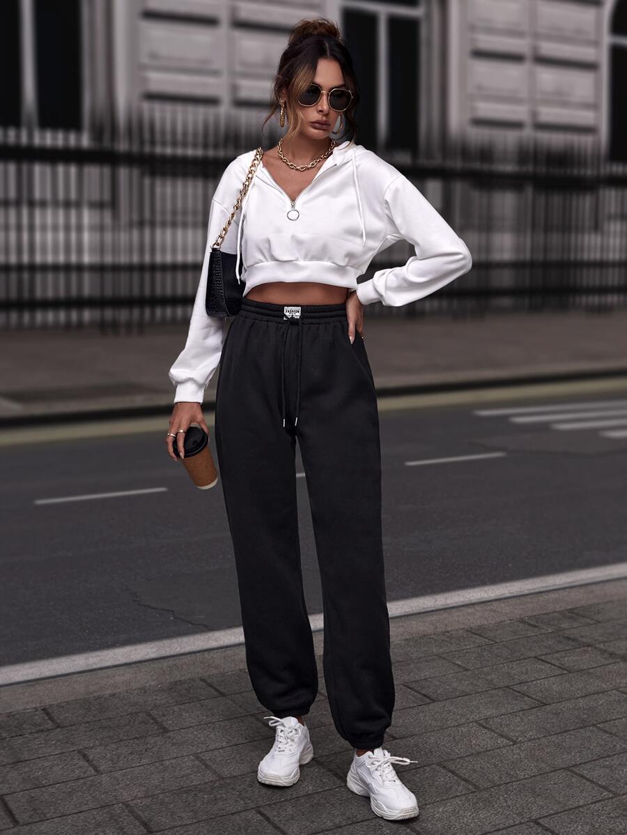 SHEIN EZwear 黑色休閒字母拼接束口腰運動褲 - 黑色 - 查看 1
