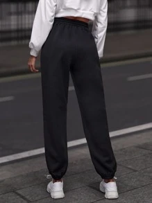 SHEIN EZwear 黑色休閒字母拼接束口腰運動褲 - 黑色 - 查看 2