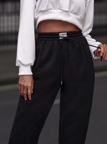 SHEIN EZwear 黑色休閒字母拼接束口腰運動褲 - 黑色 - 查看 3