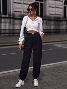 SHEIN EZwear 黑色休閒字母拼接束口腰運動褲 - 黑色 - 查看 4