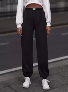 SHEIN EZwear 黑色休閒字母拼接束口腰運動褲 - 黑色 - 查看 5