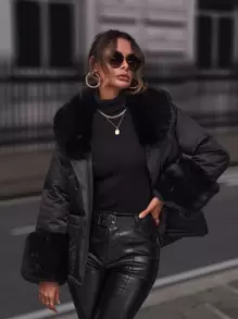 SHEIN BAE Cappotto imbottito con cintura e collo in pelliccia - nero - Visualizzare 4