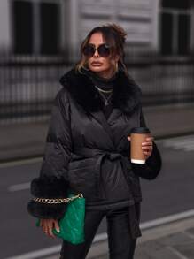 SHEIN BAE Cappotto imbottito con cintura e collo in pelliccia - nero - Visualizzare 5