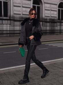 SHEIN BAE Cappotto imbottito con cintura e collo in pelliccia - nero - Visualizzare 6