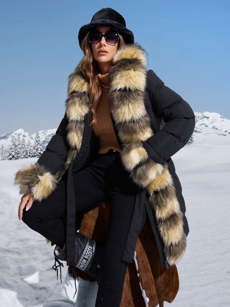 毛绒面板女士冬季服装保暖加厚棉服外套 - 黑色 - 查看 1