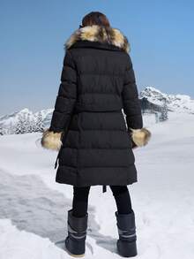 毛绒面板女士冬季服装保暖加厚棉服外套 - 黑色 - 查看 2