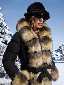 毛绒面板女士冬季服装保暖加厚棉服外套 - 黑色 - 查看 6