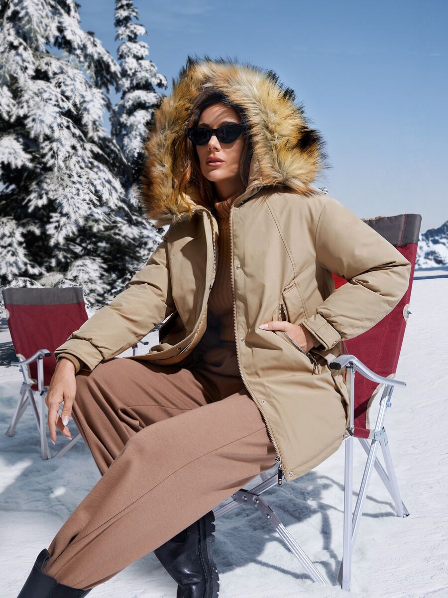 Slant Pockets Fuzzy Trim Hooded Parka Padded Coat Clothes Winter - Khaki - View 1