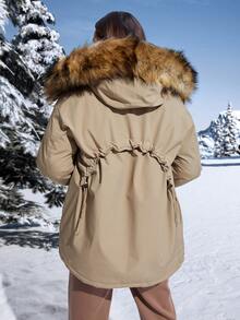 Slant Pockets Fuzzy Trim Hooded Parka Padded Coat Clothes Winter - Khaki - View 2