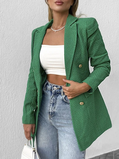 EURMUSE Lapel Neck Double Breasted Flap Detail Blazer