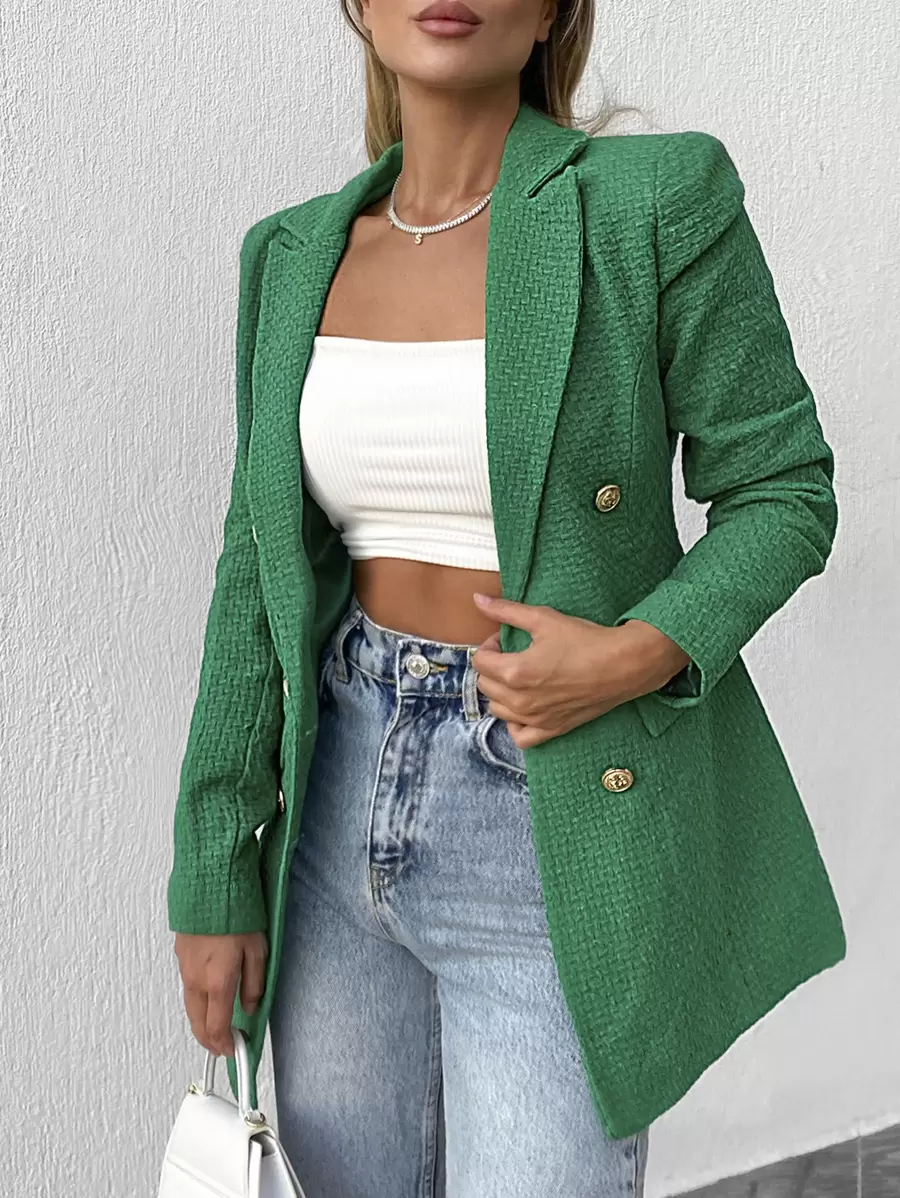 EURMUSE Lapel Neck Double Breasted Flap Detail Blazer - Green - View 1