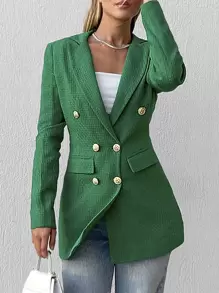 EURMUSE Lapel Neck Double Breasted Flap Detail Blazer - Green - View 3