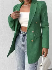 EURMUSE Lapel Neck Double Breasted Flap Detail Blazer - Green - View 4