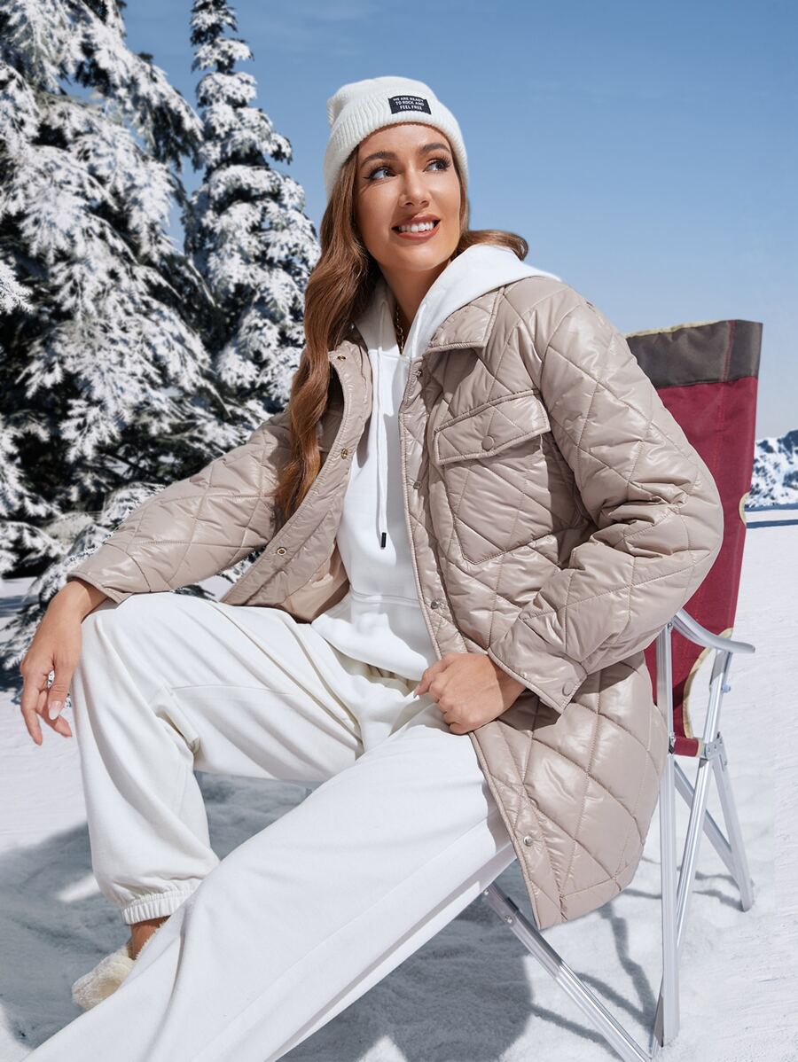 SHEIN Unity Flap Pocket Drop Shoulder Quilted Padded Coat Clothes Winter - Khaki - View 1