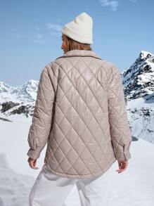 SHEIN Unity Flap Pocket Drop Shoulder Quilted Padded Coat Clothes Winter - Khaki - View 2