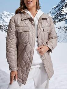 SHEIN Unity Flap Pocket Drop Shoulder Quilted Padded Coat Clothes Winter - Khaki - View 5