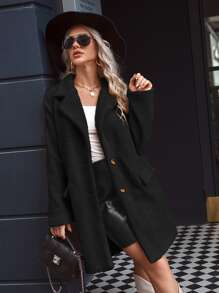 SHEIN Essnce Lapel Neck Flap Detail Teddy Coat - Black - View 5