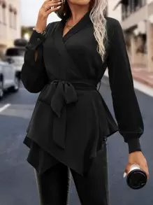 SHEIN Clasi Shawl Collar Belted Blouse - Black - View 1