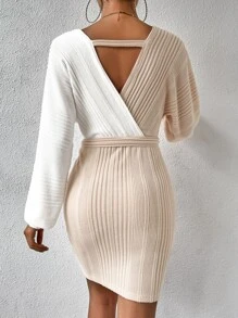 SHEIN Privé Two Tone Batwing Sleeve Belted Bodycon Dress - Apricot - View 2