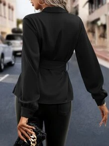 SHEIN Clasi Shawl Collar Belted Blouse - Black - View 2
