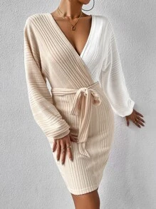 SHEIN Privé Two Tone Batwing Sleeve Belted Bodycon Dress - Apricot - View 3