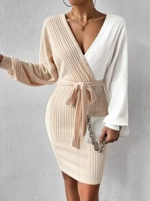 SHEIN Privé Two Tone Batwing Sleeve Belted Bodycon Dress - Apricot - View 4