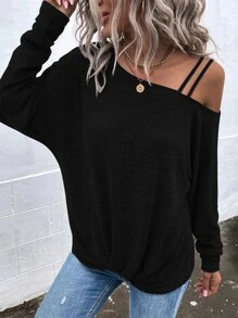 SHEIN LUNE 素色蝙蝠袖T恤 - 黑色 - 查看 4