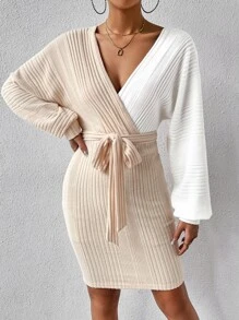 SHEIN Privé Two Tone Batwing Sleeve Belted Bodycon Dress - Apricot - View 6