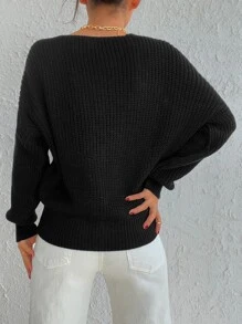 EURMUSE Drop Shoulder Button Front Cardigan - Black - View 2